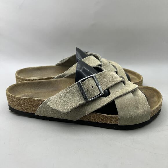 Birkenstock Lugano Buckle Sandals Mens Size 9 Gray Suede Slip On Comfort Slipper - Picture 1 of 8
